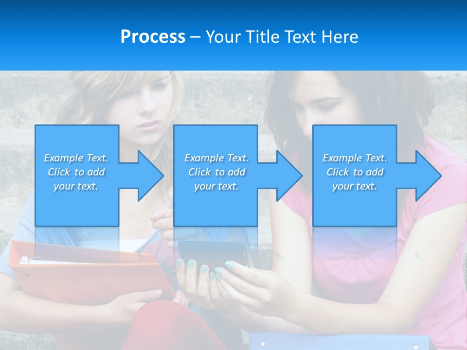 Two Young Women Sitting On Steps Looking At A Tablet PowerPoint Template