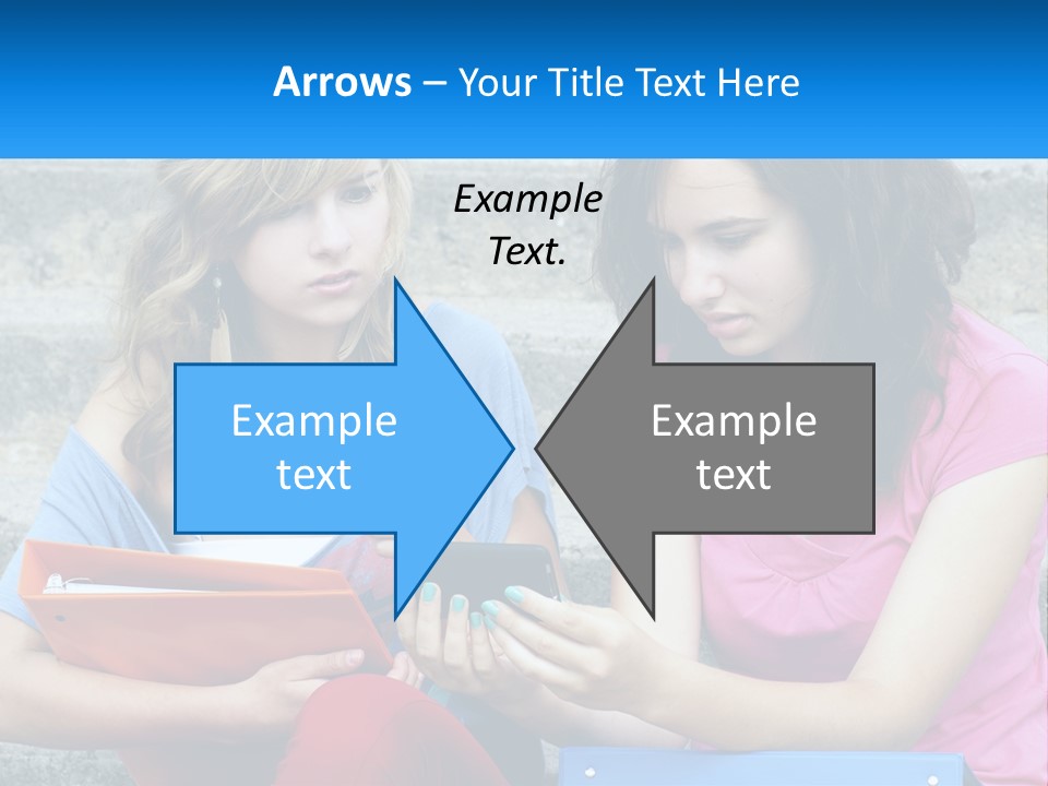 Two Young Women Sitting On Steps Looking At A Tablet PowerPoint Template