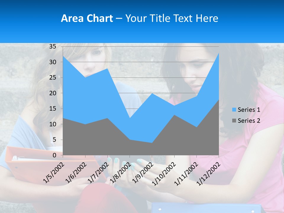 Two Young Women Sitting On Steps Looking At A Tablet PowerPoint Template