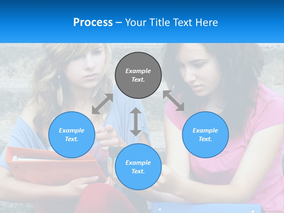 Two Young Women Sitting On Steps Looking At A Tablet PowerPoint Template
