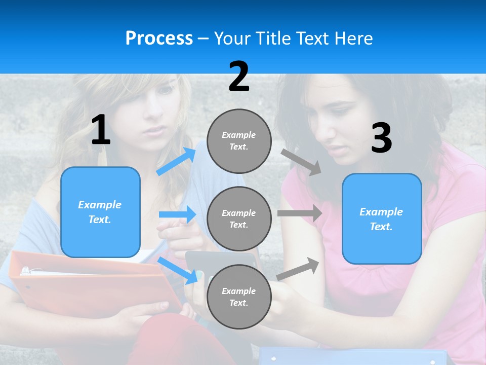 Two Young Women Sitting On Steps Looking At A Tablet PowerPoint Template