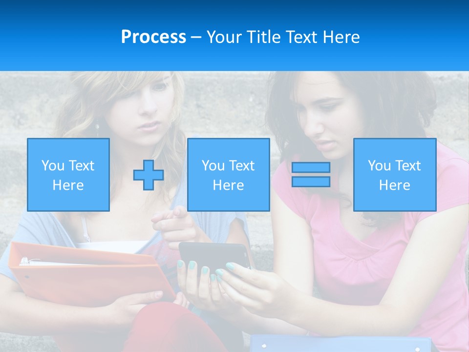 Two Young Women Sitting On Steps Looking At A Tablet PowerPoint Template