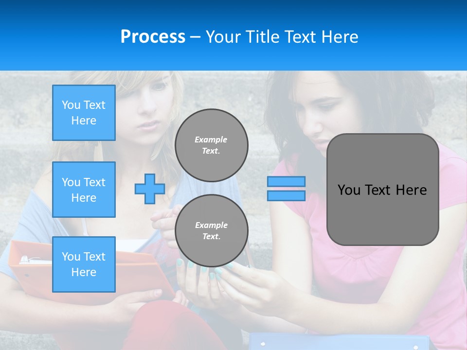 Two Young Women Sitting On Steps Looking At A Tablet PowerPoint Template