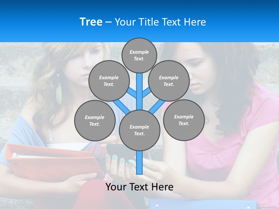 Two Young Women Sitting On Steps Looking At A Tablet PowerPoint Template
