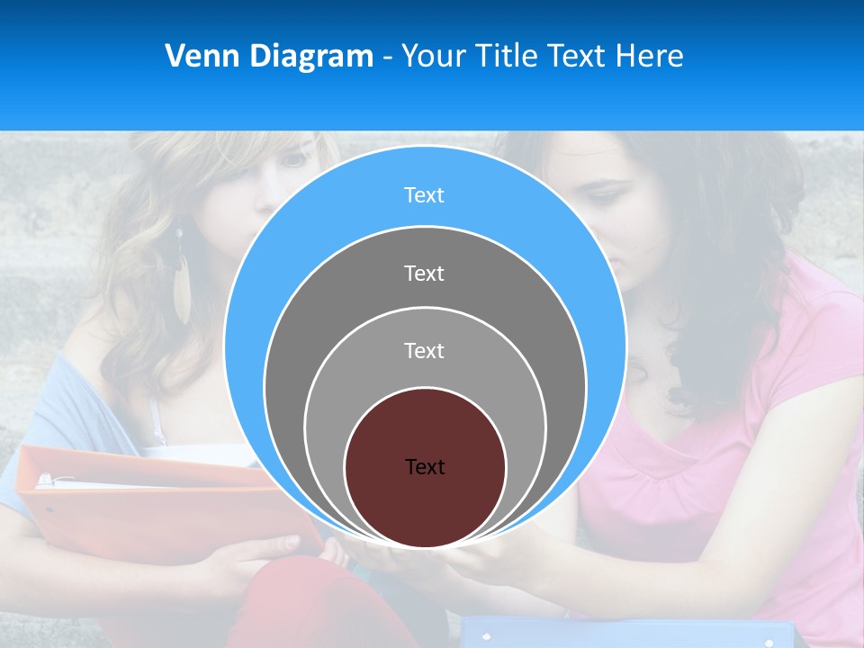 Two Young Women Sitting On Steps Looking At A Tablet PowerPoint Template
