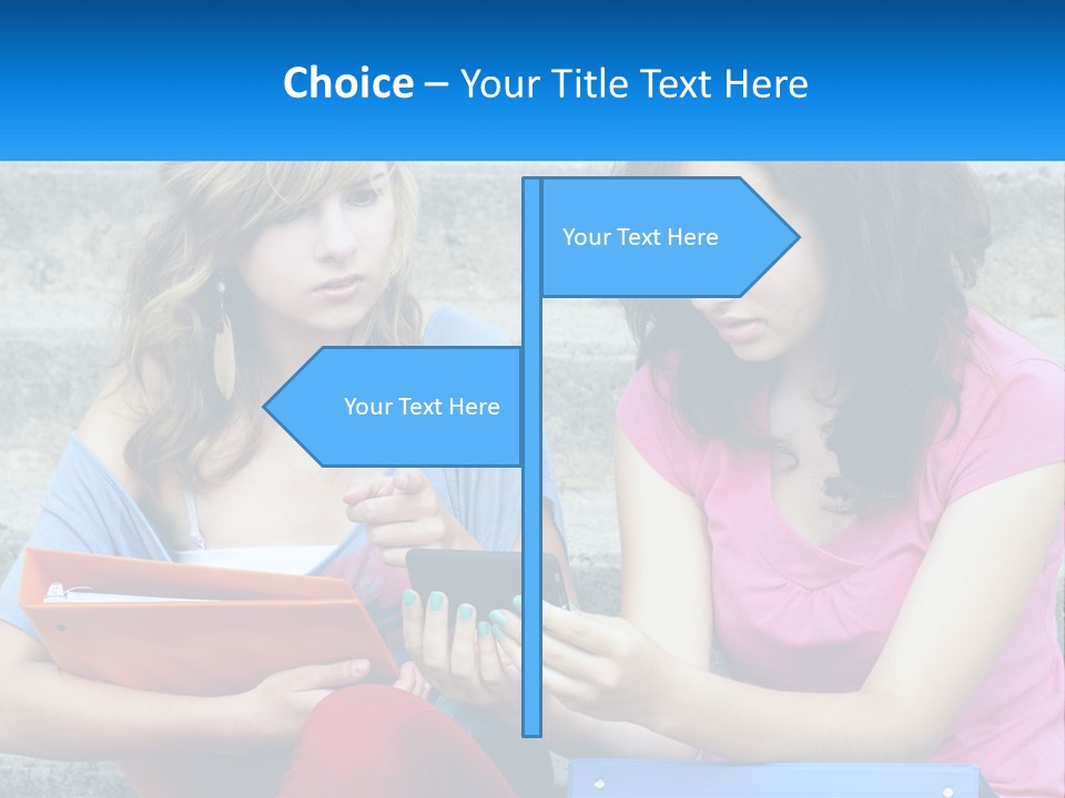 Two Young Women Sitting On Steps Looking At A Tablet PowerPoint Template