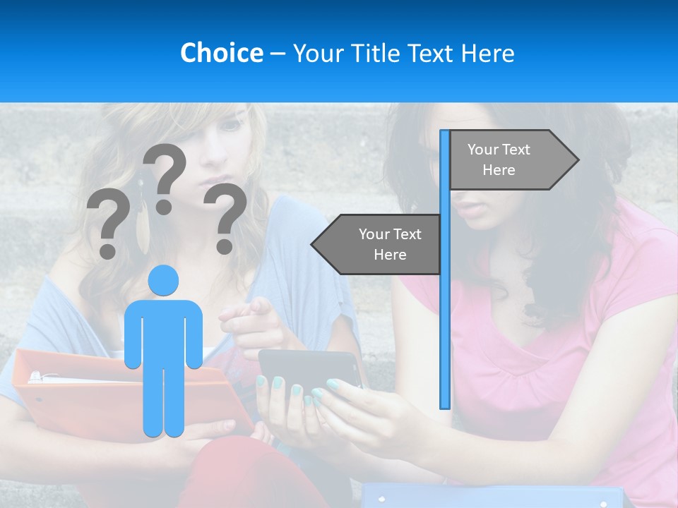 Two Young Women Sitting On Steps Looking At A Tablet PowerPoint Template