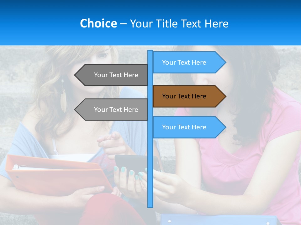 Two Young Women Sitting On Steps Looking At A Tablet PowerPoint Template