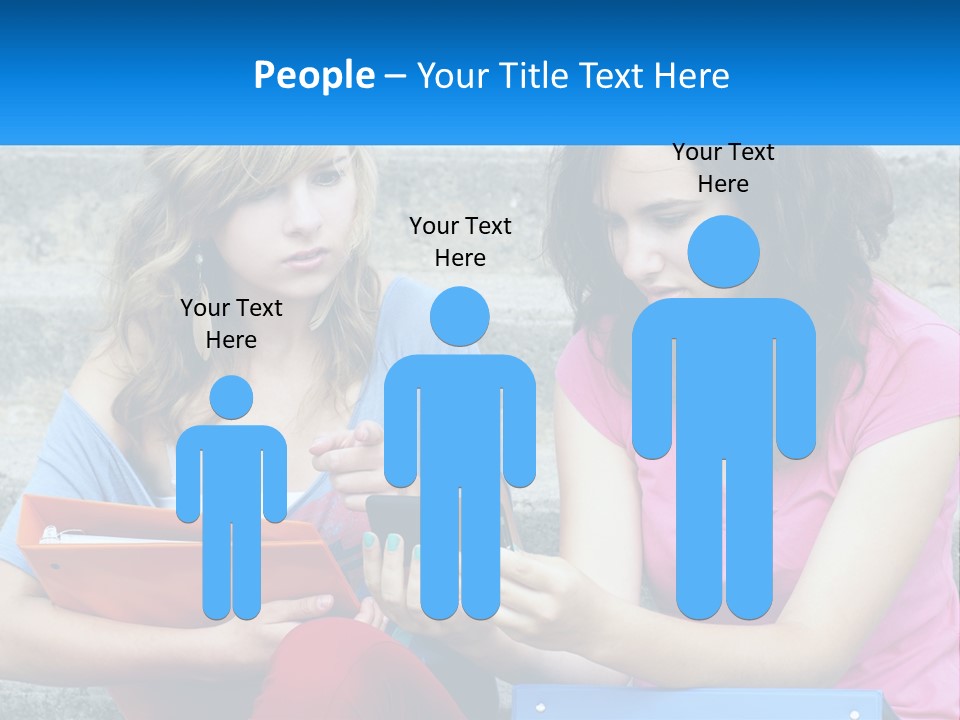 Two Young Women Sitting On Steps Looking At A Tablet PowerPoint Template