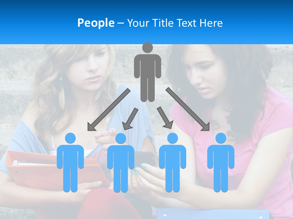 Two Young Women Sitting On Steps Looking At A Tablet PowerPoint Template