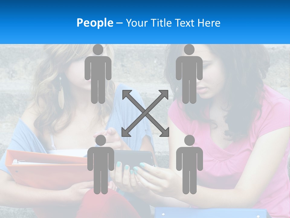 Two Young Women Sitting On Steps Looking At A Tablet PowerPoint Template