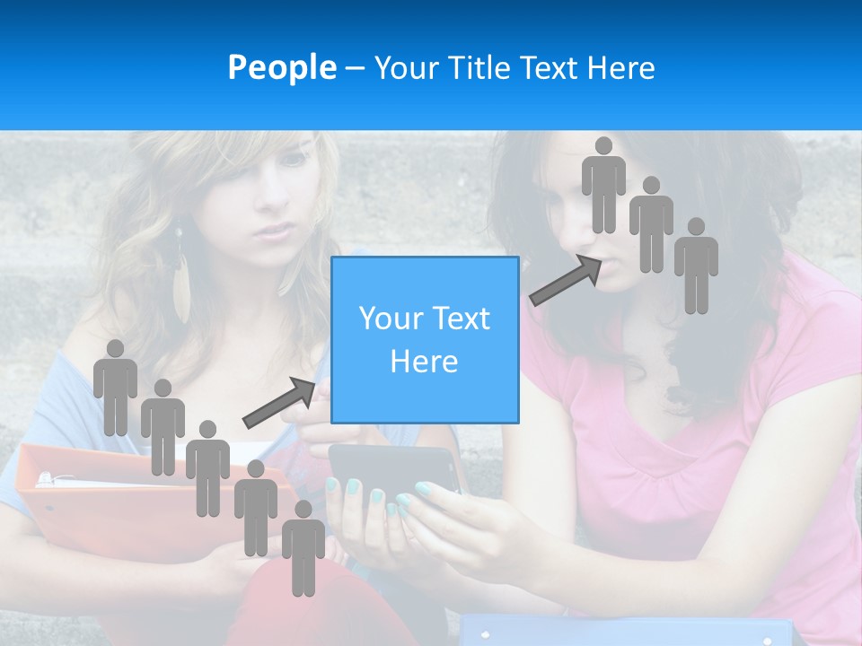 Two Young Women Sitting On Steps Looking At A Tablet PowerPoint Template