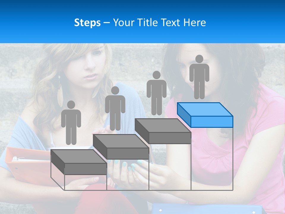 Two Young Women Sitting On Steps Looking At A Tablet PowerPoint Template
