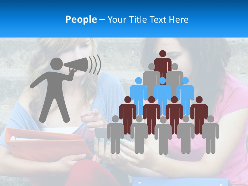 Two Young Women Sitting On Steps Looking At A Tablet PowerPoint Template