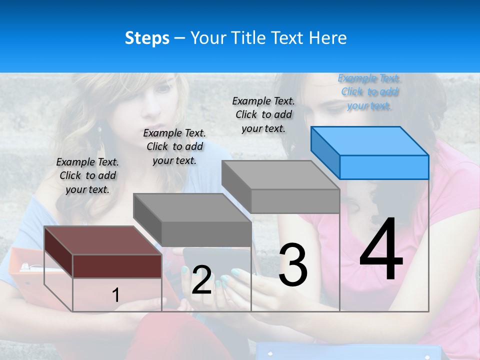 Two Young Women Sitting On Steps Looking At A Tablet PowerPoint Template