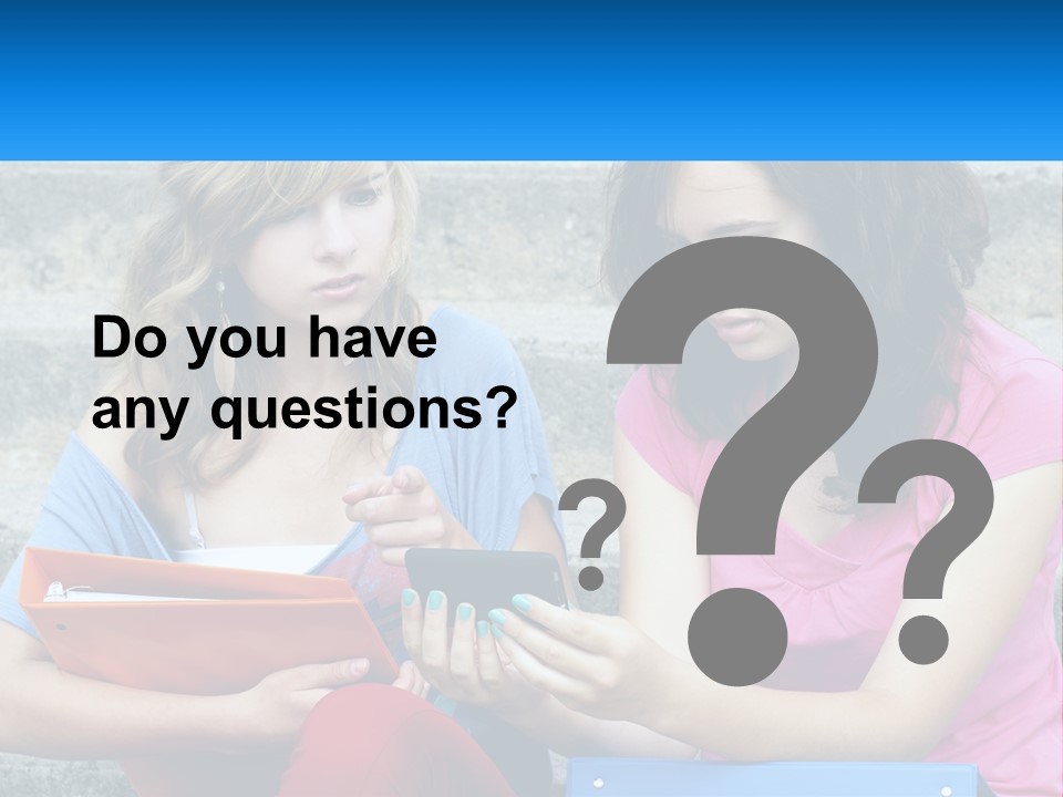 Two Young Women Sitting On Steps Looking At A Tablet PowerPoint Template