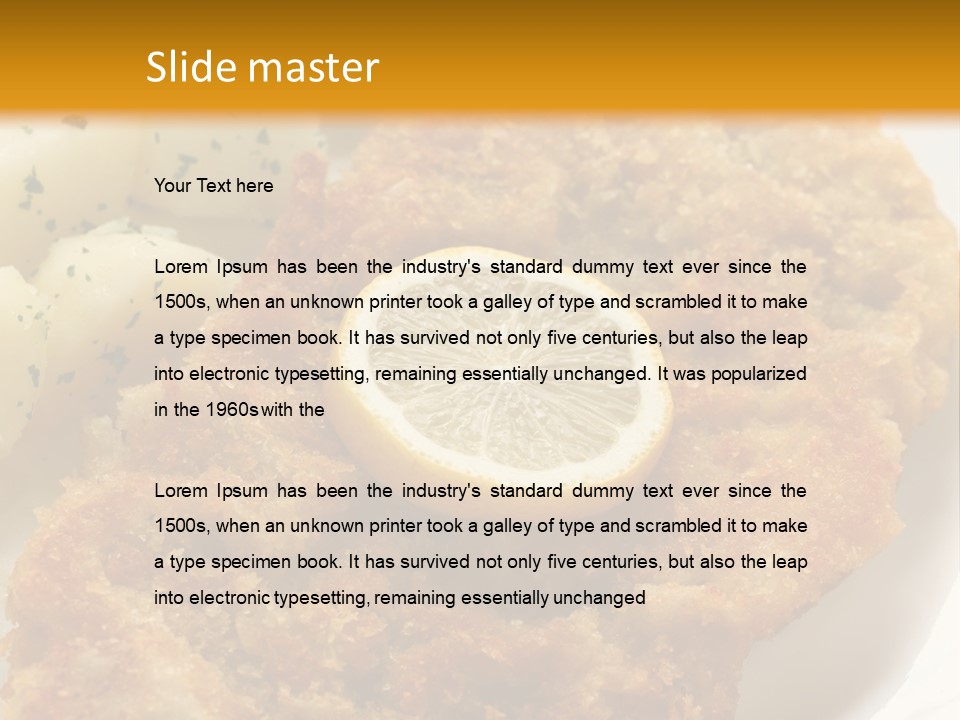 A Plate Of Food With Potatoes And A Lemon On It PowerPoint Template