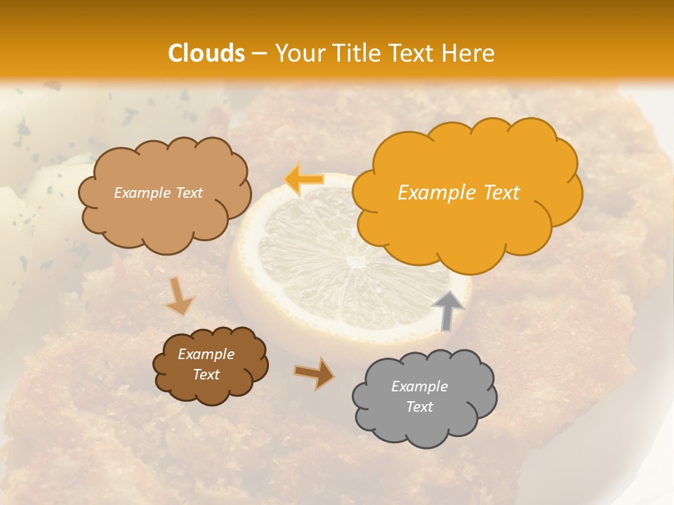 A Plate Of Food With Potatoes And A Lemon On It PowerPoint Template