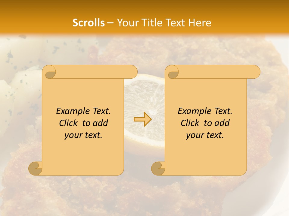 A Plate Of Food With Potatoes And A Lemon On It PowerPoint Template