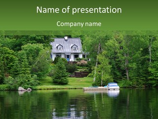 A Boat Is In The Water Near A House PowerPoint Template