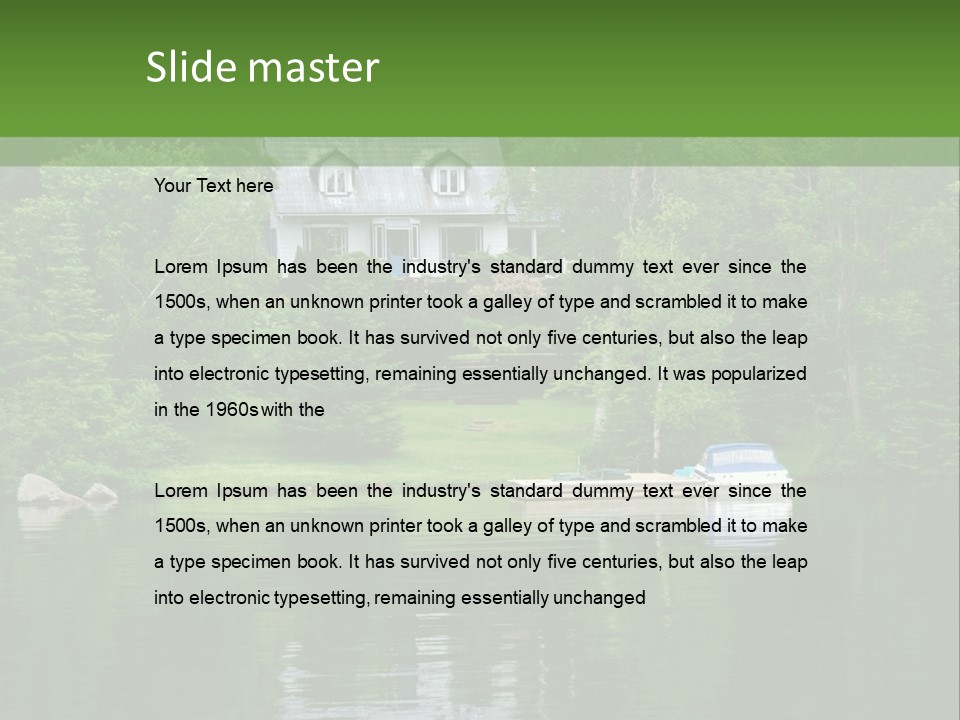 A Boat Is In The Water Near A House PowerPoint Template