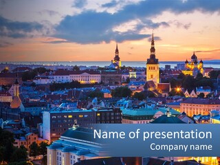 A View Of A City With A Sunset In The Background PowerPoint Template