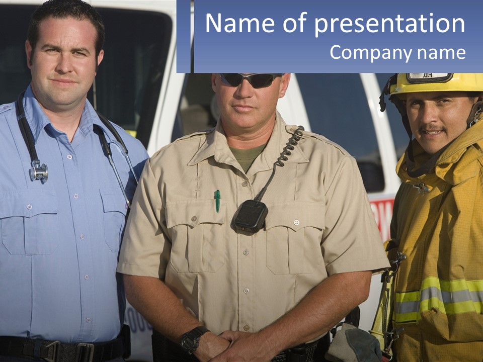 Three Firemen Standing Next To Each Other In Front Of A Fire Truck PowerPoint Template