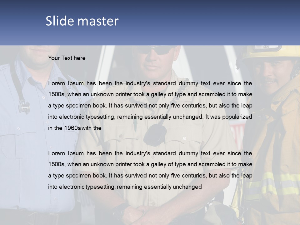 Three Firemen Standing Next To Each Other In Front Of A Fire Truck PowerPoint Template