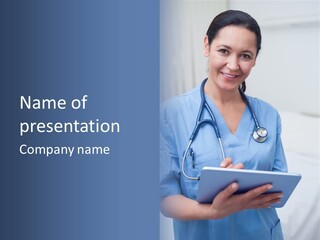 A Woman Doctor Is Holding A Tablet Computer PowerPoint Template