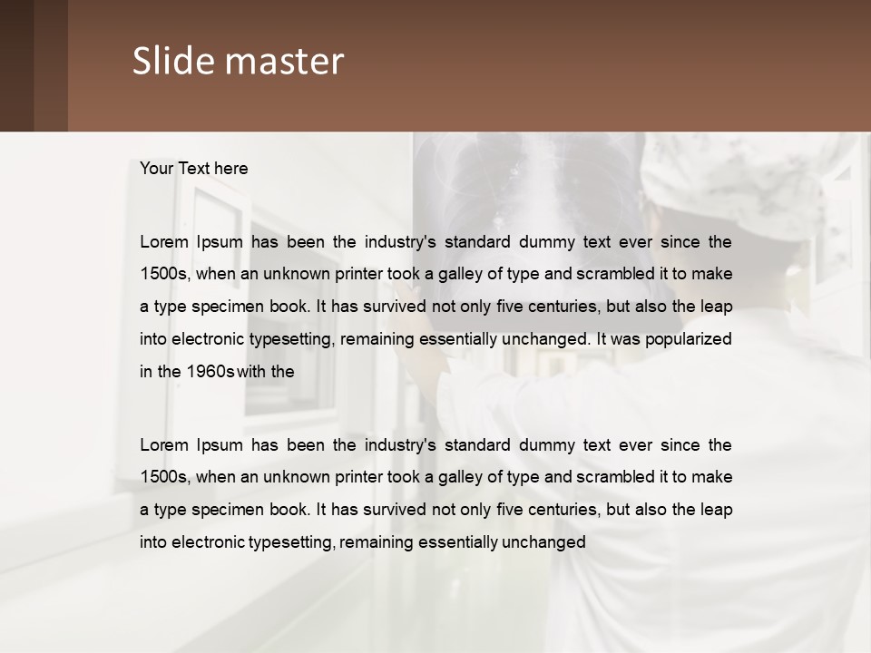 A Woman In A White Lab Coat Is Looking At A X - Ray PowerPoint Template