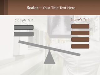 A Woman In A White Lab Coat Is Looking At A X - Ray PowerPoint Template