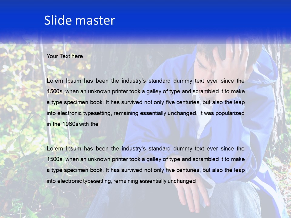 A Man In A Blue Jacket Sitting Next To A Tree PowerPoint Template