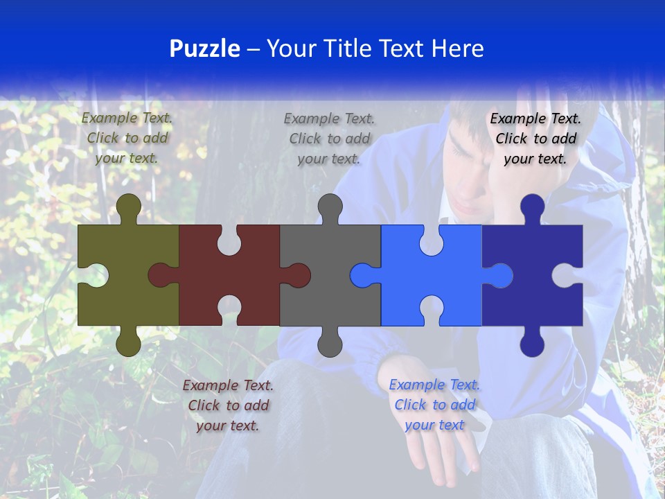 A Man In A Blue Jacket Sitting Next To A Tree PowerPoint Template