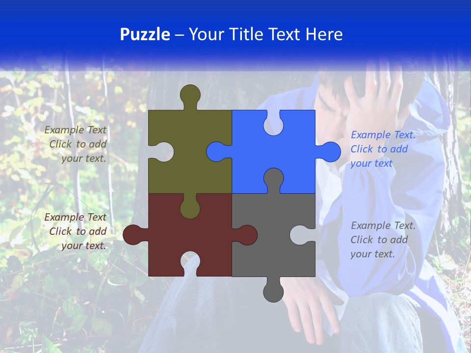 A Man In A Blue Jacket Sitting Next To A Tree PowerPoint Template