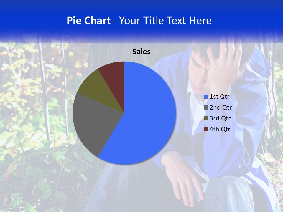 A Man In A Blue Jacket Sitting Next To A Tree PowerPoint Template