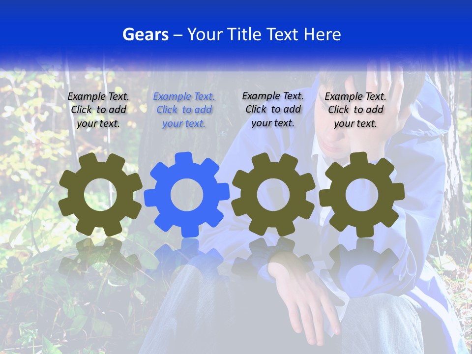 A Man In A Blue Jacket Sitting Next To A Tree PowerPoint Template