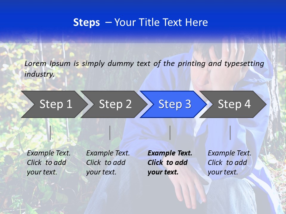 A Man In A Blue Jacket Sitting Next To A Tree PowerPoint Template
