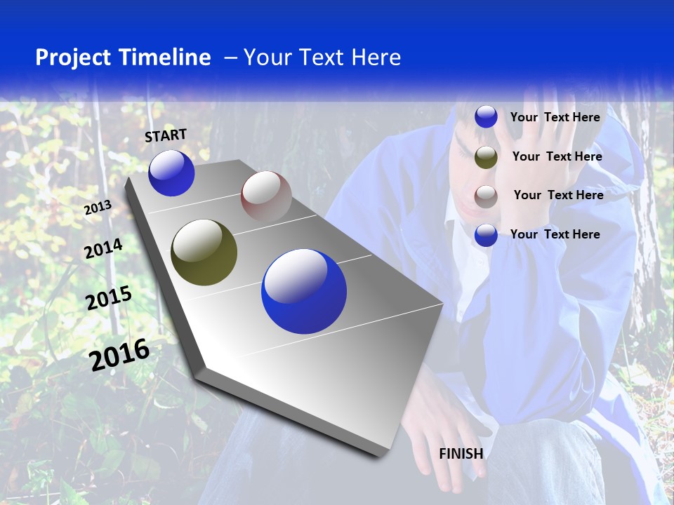 A Man In A Blue Jacket Sitting Next To A Tree PowerPoint Template