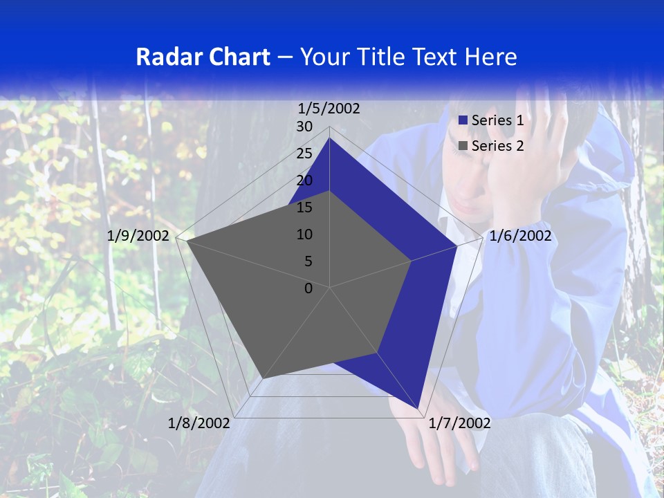 A Man In A Blue Jacket Sitting Next To A Tree PowerPoint Template