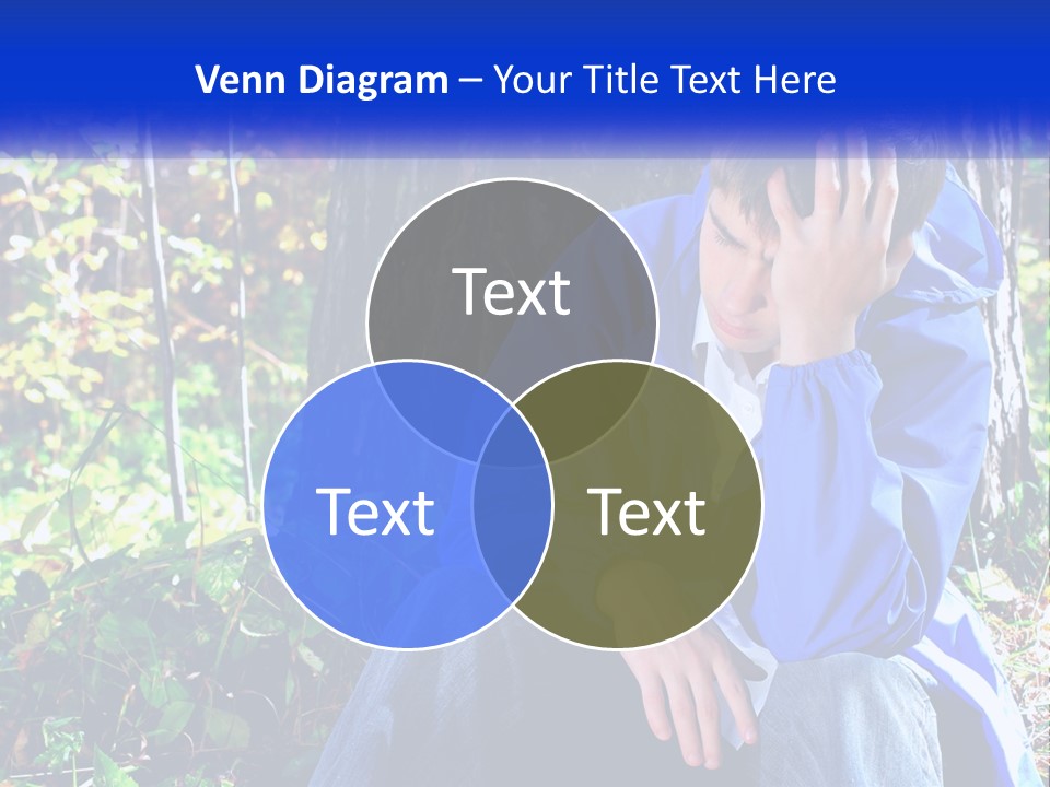 A Man In A Blue Jacket Sitting Next To A Tree PowerPoint Template