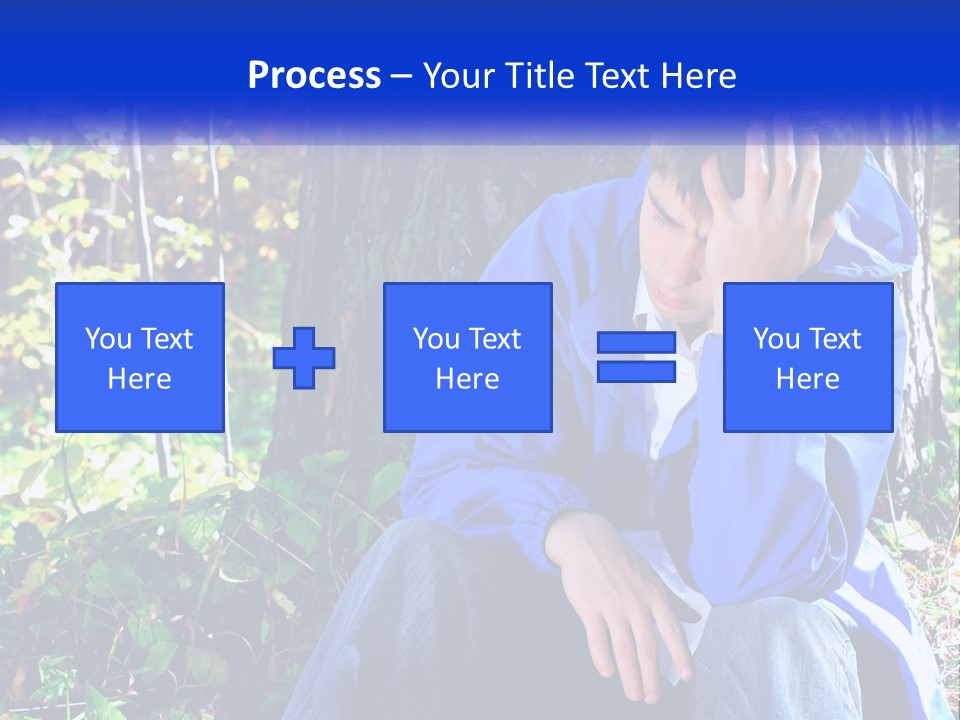 A Man In A Blue Jacket Sitting Next To A Tree PowerPoint Template