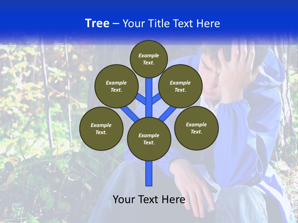 A Man In A Blue Jacket Sitting Next To A Tree PowerPoint Template