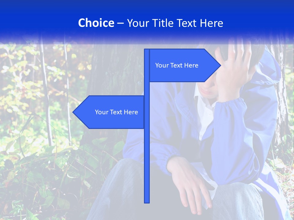 A Man In A Blue Jacket Sitting Next To A Tree PowerPoint Template