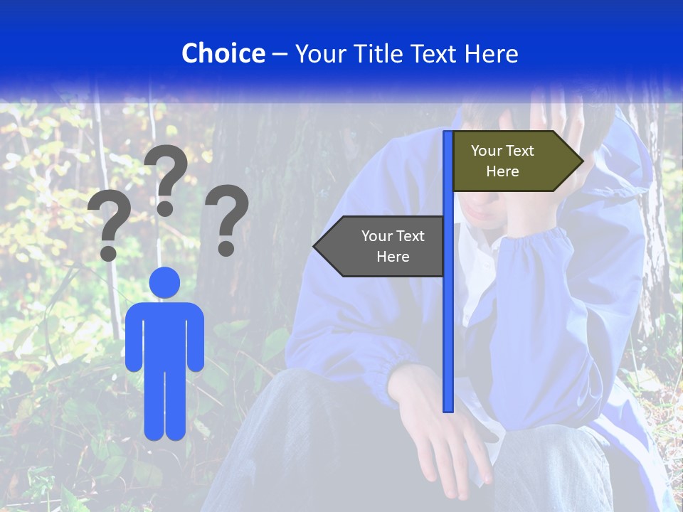 A Man In A Blue Jacket Sitting Next To A Tree PowerPoint Template
