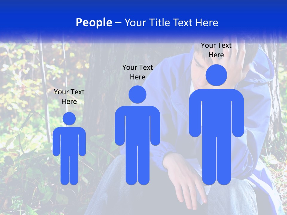 A Man In A Blue Jacket Sitting Next To A Tree PowerPoint Template