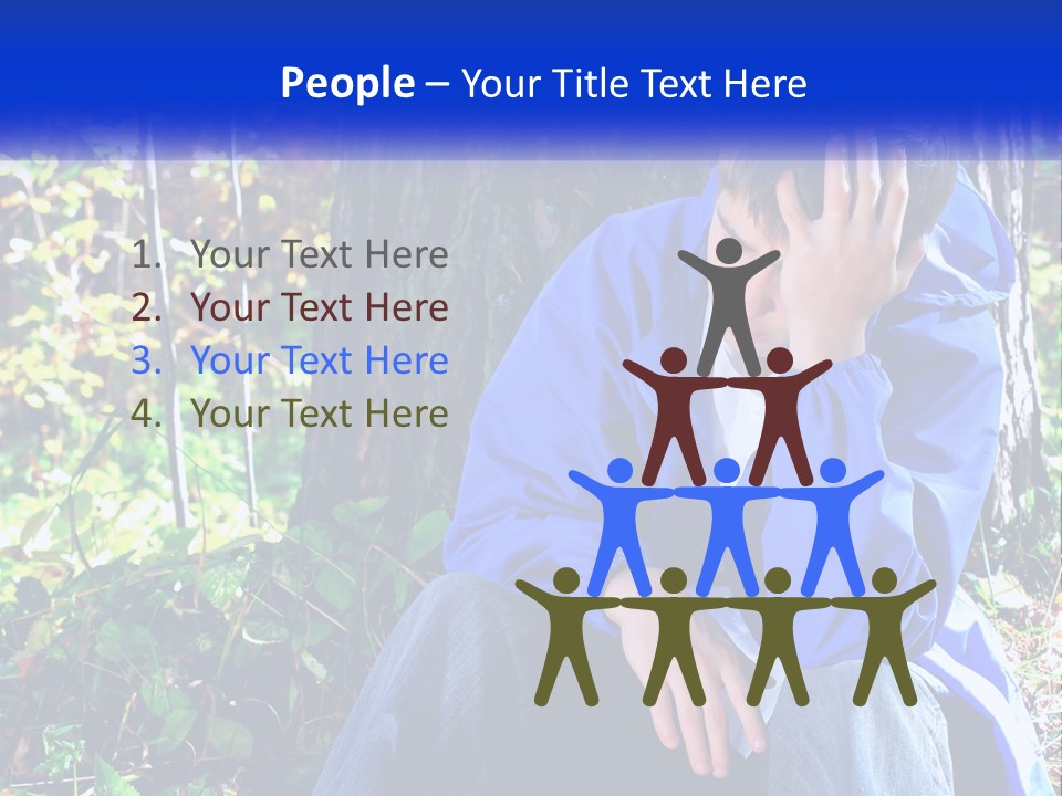 A Man In A Blue Jacket Sitting Next To A Tree PowerPoint Template