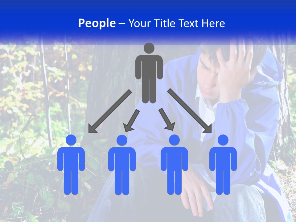 A Man In A Blue Jacket Sitting Next To A Tree PowerPoint Template