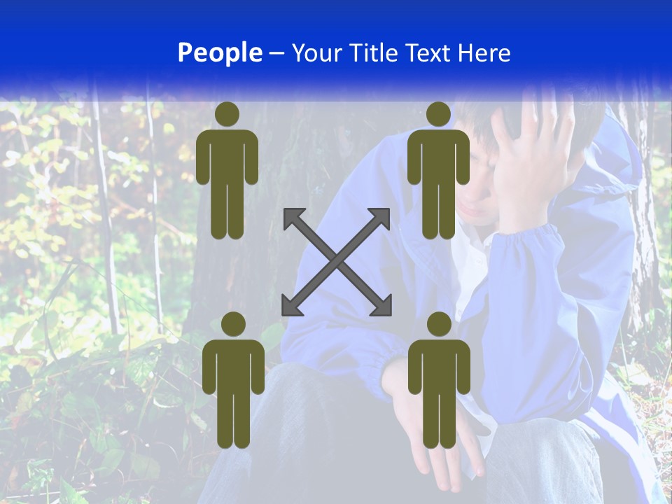 A Man In A Blue Jacket Sitting Next To A Tree PowerPoint Template
