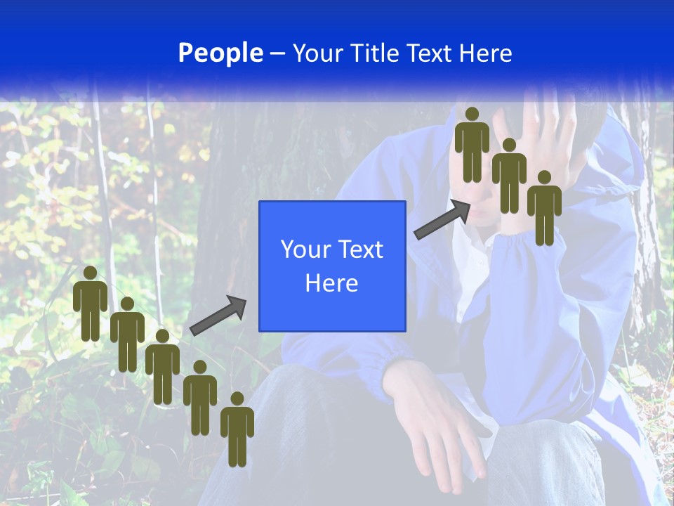 A Man In A Blue Jacket Sitting Next To A Tree PowerPoint Template