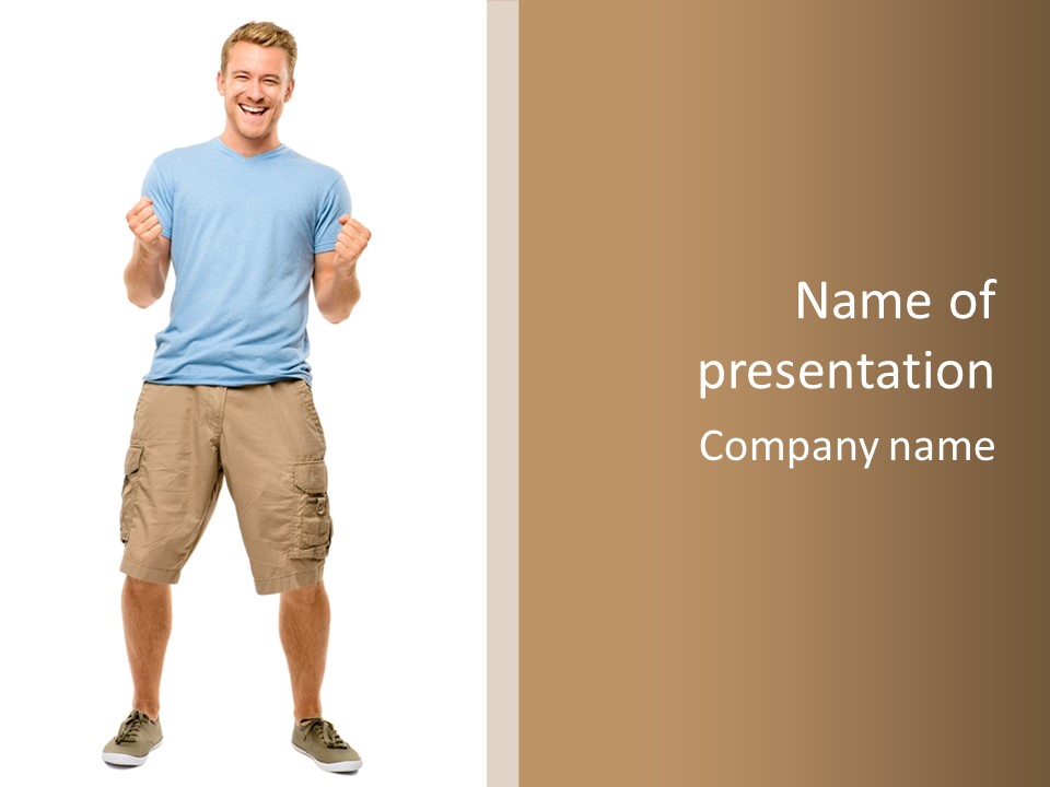 A Man In A Blue Shirt And Khaki Shorts Is Giving A Thumbs Up PowerPoint Template